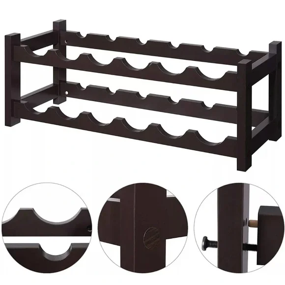 VASAGLE 12-Wooden Wine Rack, 2-Tier Tabletop Bottles Storage Shelf, Espresso